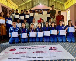 Proud graduates of First Aid Training. Rajman Tamang is second row center in the white shirt.